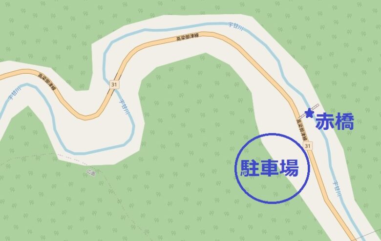 宇甘渓の駐車場のマップ