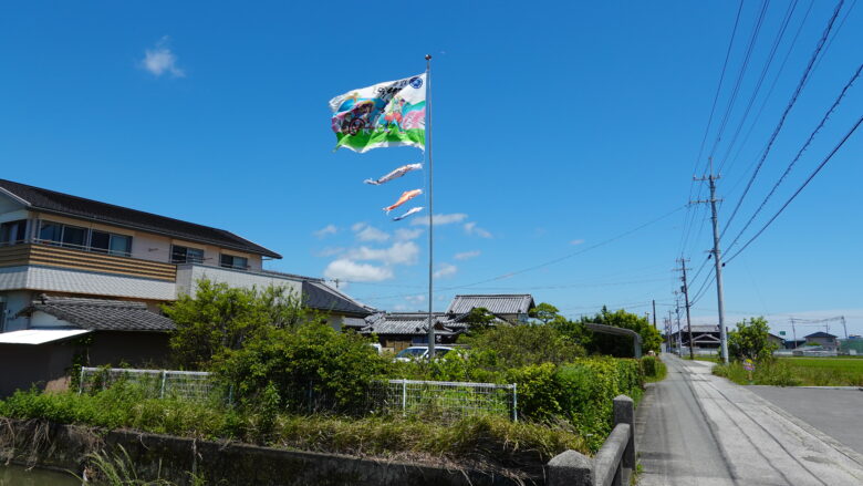 鯉のぼりと桃太郎の旗