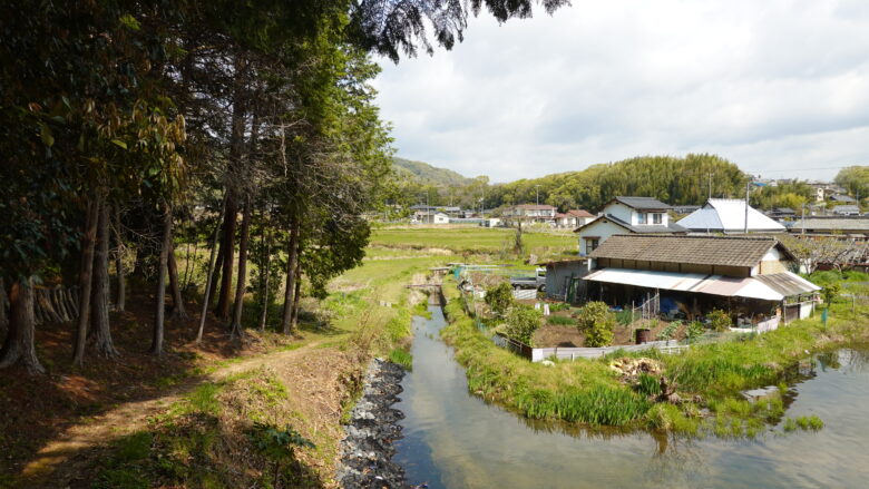 道中に振り返ると、素朴な風景が見える