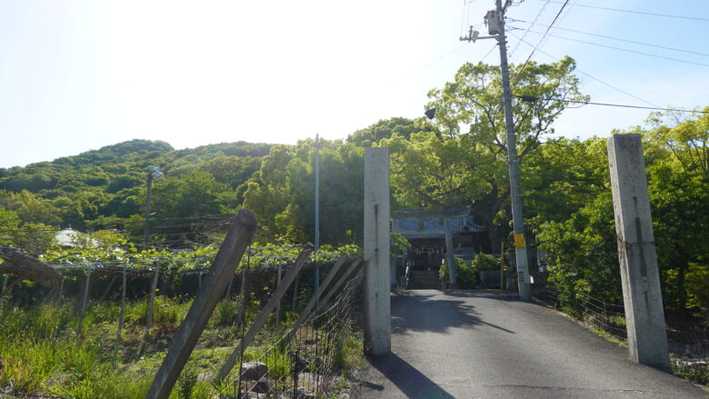 桃太郎神社が見えてきた、位置的に奥に見えるのが柴山だろうな