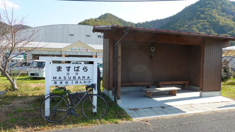 駅名標と一緒に愛車を撮影