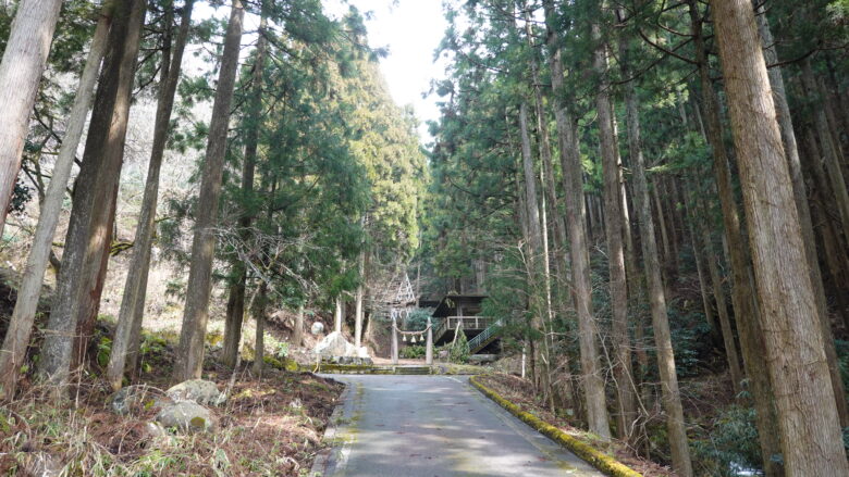 杉に囲まれた道の先に石柱が見えてくる